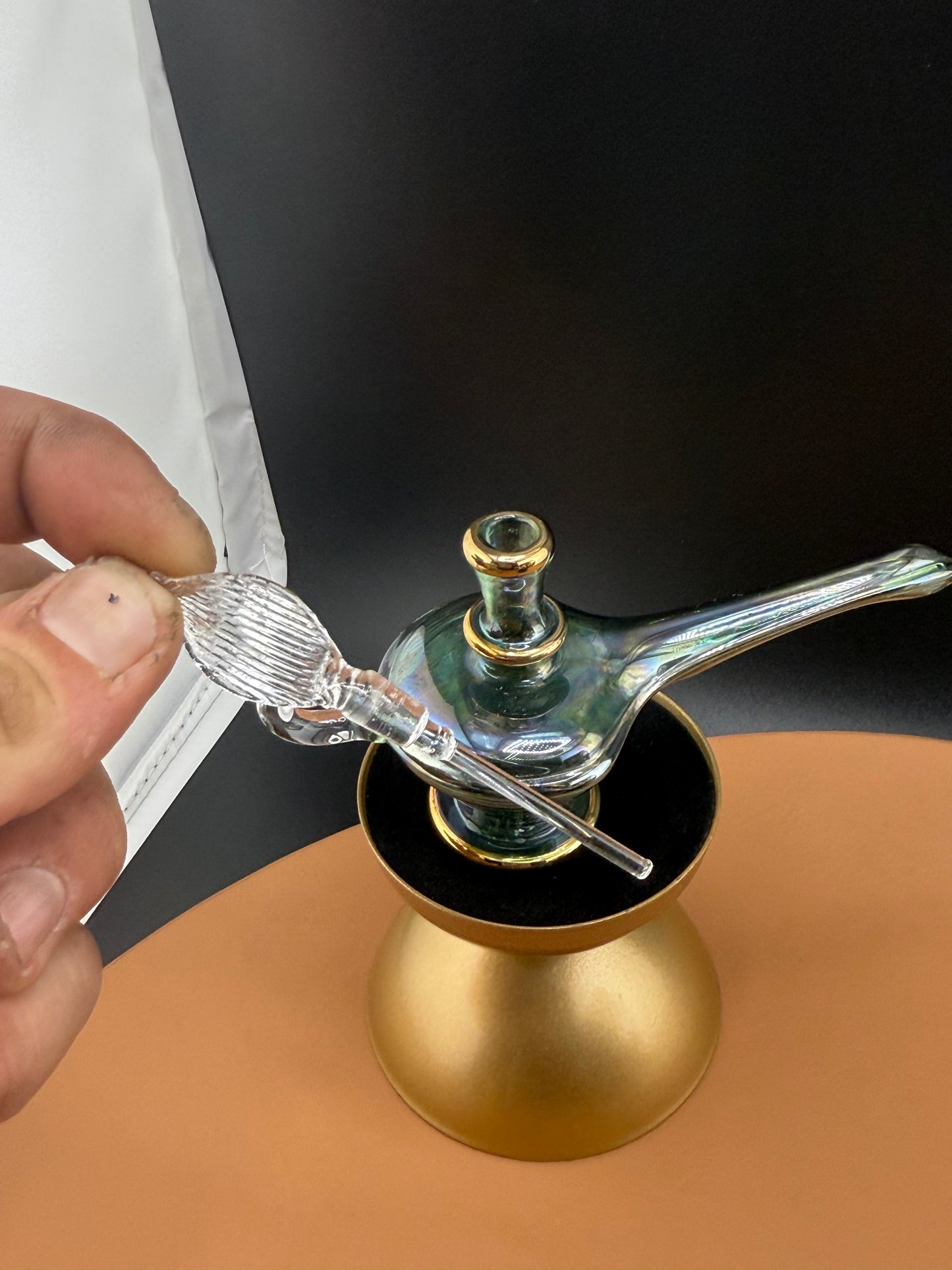 1 of 1 Handblown Genie Oil Bottle - Green Genie Bottle