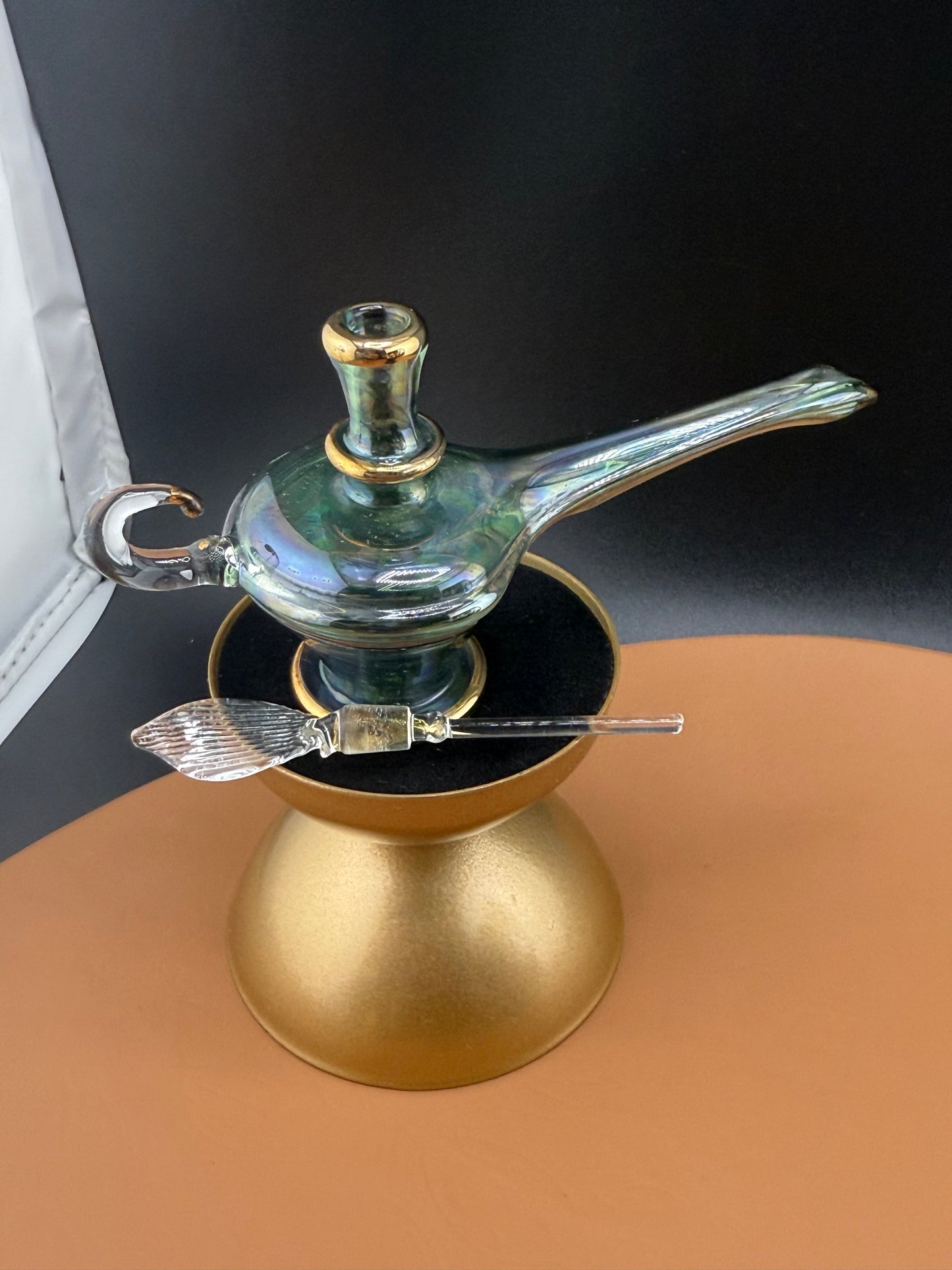 1 of 1 Handblown Genie Oil Bottle - Green Genie Bottle