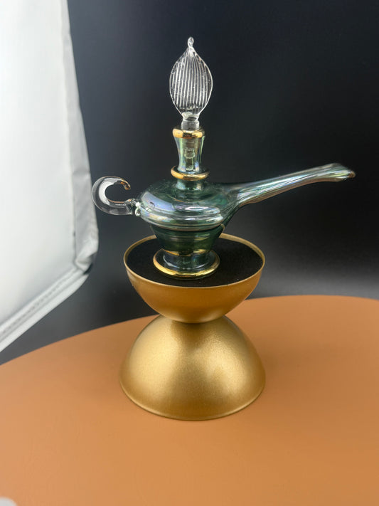 1 of 1 Handblown Genie Oil Bottle - Green Genie Bottle